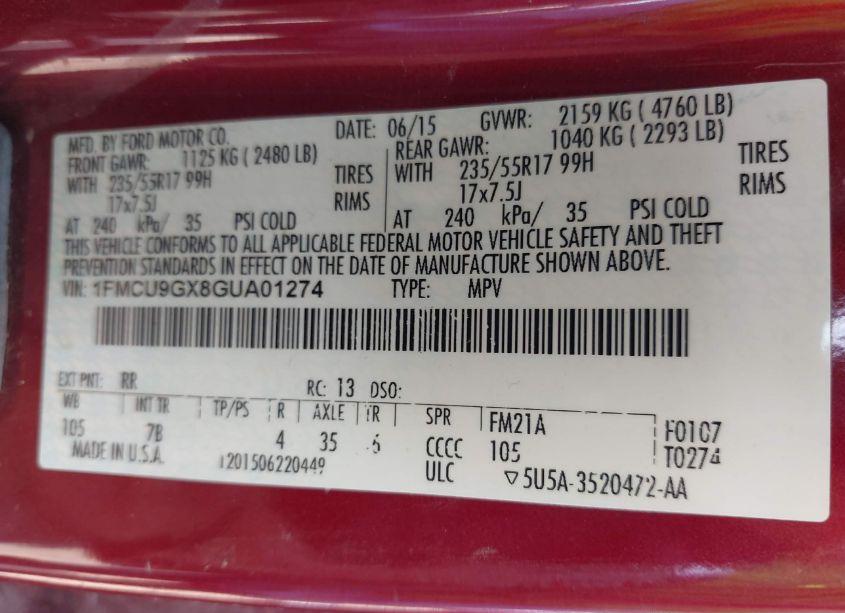 Photo 9 of 2016 Ford Escape SE (VIN 1FMCU9GX8GUA01274)