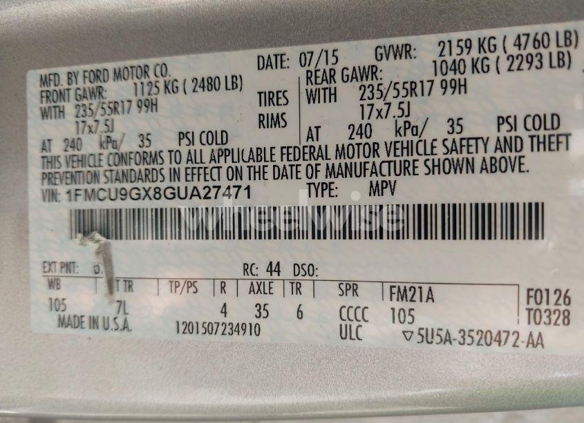 Photo 9 of 2016 Ford Escape SE (VIN 1FMCU9GX8GUA27471)