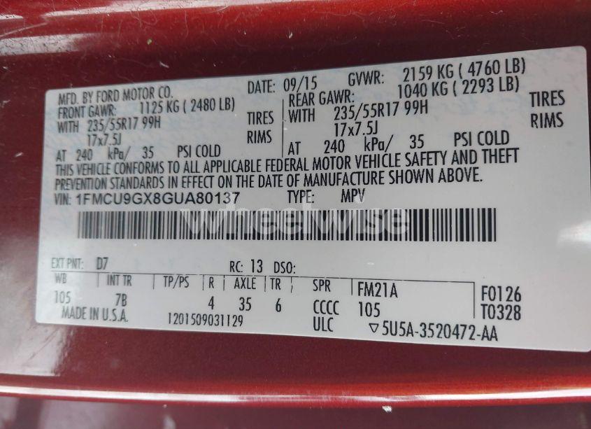 Photo 9 of 2016 Ford Escape SE (VIN 1FMCU9GX8GUA80137)