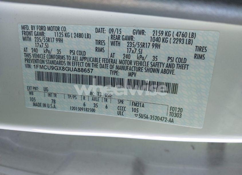 Photo 9 of 2016 Ford Escape SE (VIN 1FMCU9GX8GUA88657)