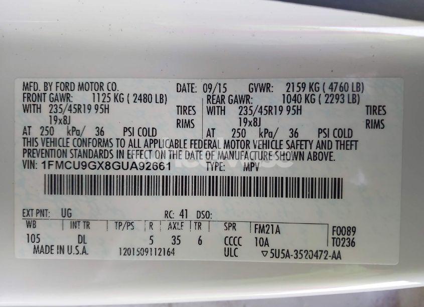 Photo 9 of 2016 Ford Escape SE (VIN 1FMCU9GX8GUA92661)