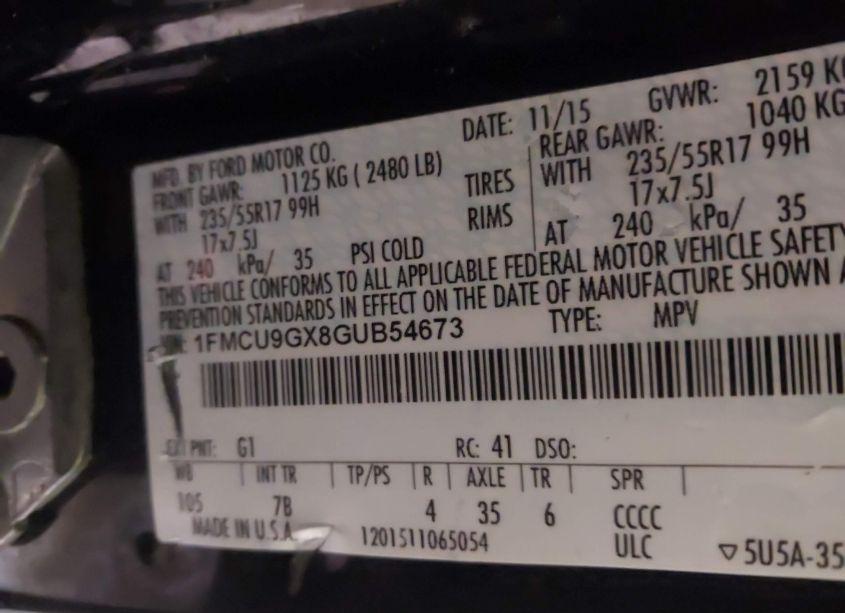 Photo 9 of 2016 Ford Escape SE (VIN 1FMCU9GX8GUB54673)