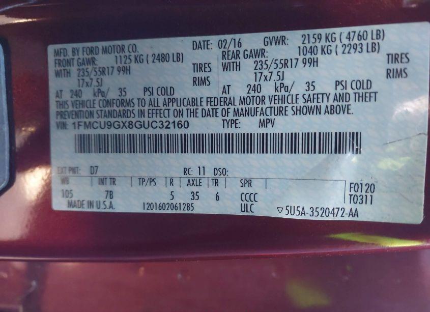 Photo 9 of 2016 Ford Escape SE (VIN 1FMCU9GX8GUC32160)