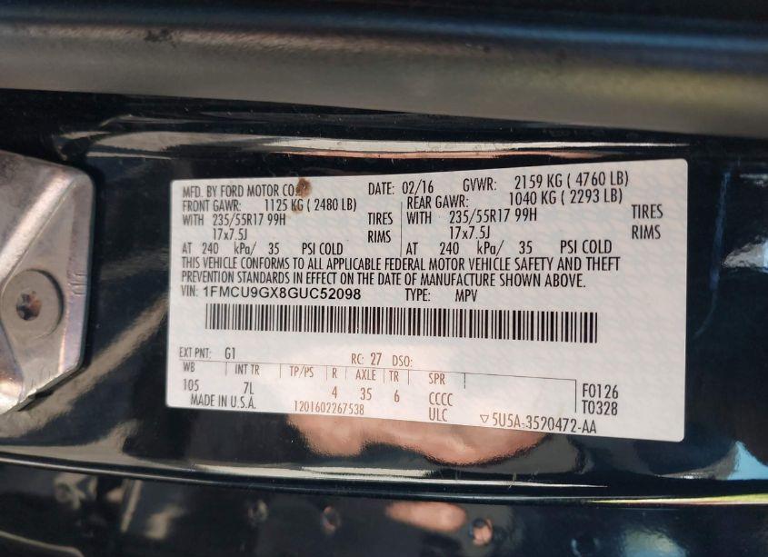 Photo 9 of 2016 Ford Escape SE (VIN 1FMCU9GX8GUC52098)