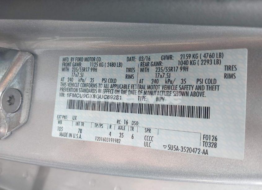 Photo 9 of 2016 Ford Escape SE (VIN 1FMCU9GX8GUC89281)