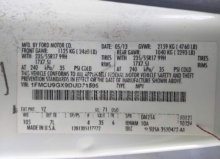 Photo 9 of 2013 Ford Escape SE (VIN 1FMCU9GX9DUD71595)