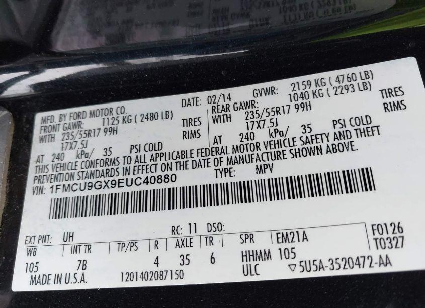 Photo 9 of 2014 Ford Escape SE (VIN 1FMCU9GX9EUC40880)