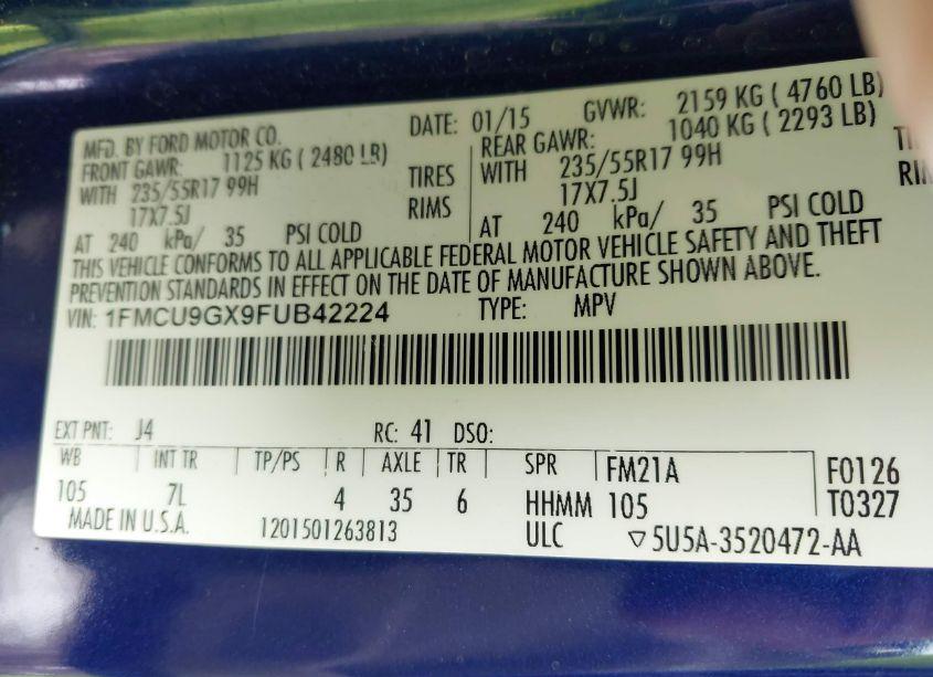 Photo 9 of 2015 Ford Escape SE (VIN 1FMCU9GX9FUB42224)