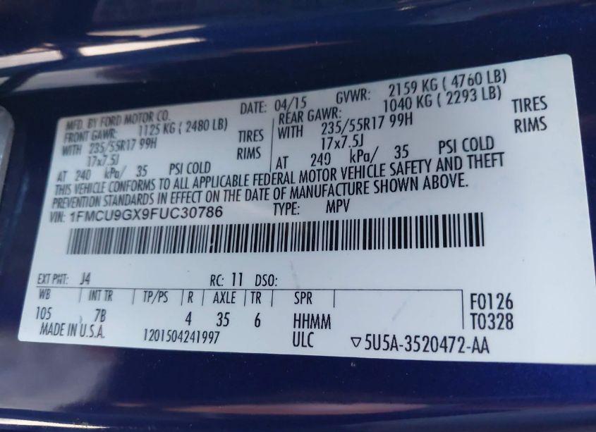 Photo 9 of 2015 Ford Escape SE (VIN 1FMCU9GX9FUC30786)