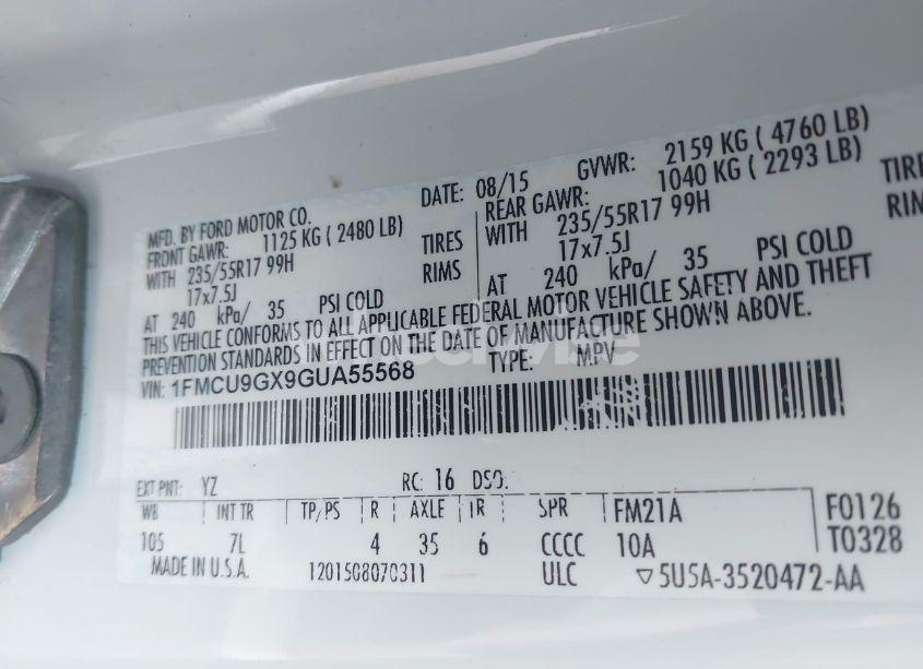 Photo 9 of 2016 Ford Escape SE (VIN 1FMCU9GX9GUA55568)