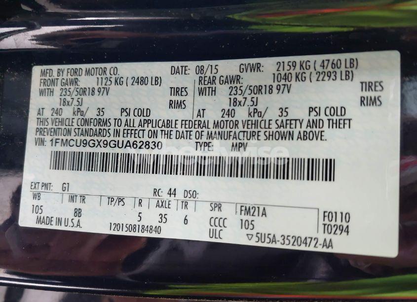 Photo 9 of 2016 Ford Escape SE (VIN 1FMCU9GX9GUA62830)