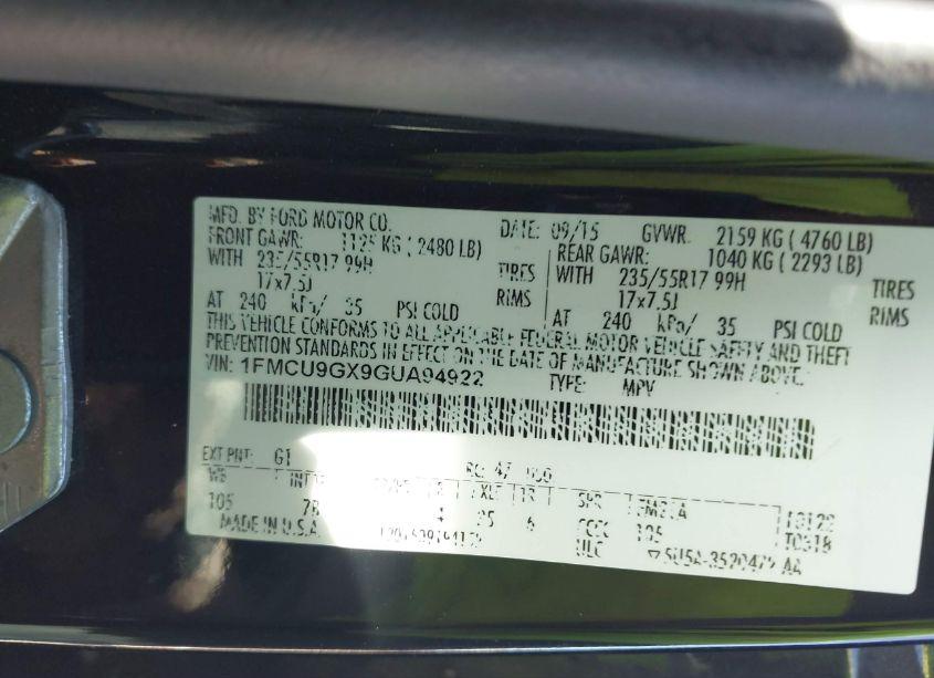 Photo 9 of 2016 Ford Escape SE (VIN 1FMCU9GX9GUA94922)