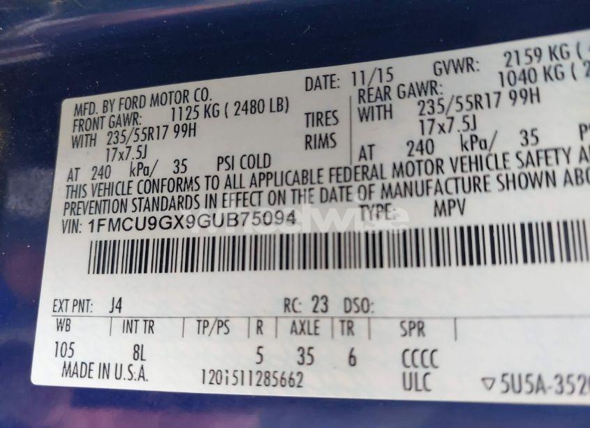 Photo 9 of 2016 Ford Escape SE (VIN 1FMCU9GX9GUB75094)