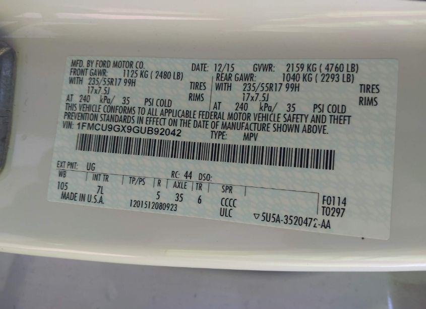 Photo 9 of 2016 Ford Escape SE (VIN 1FMCU9GX9GUB92042)