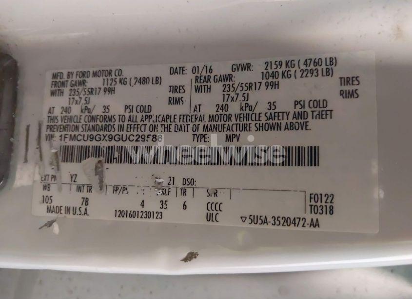 Photo 9 of 2016 Ford Escape SE (VIN 1FMCU9GX9GUC29588)