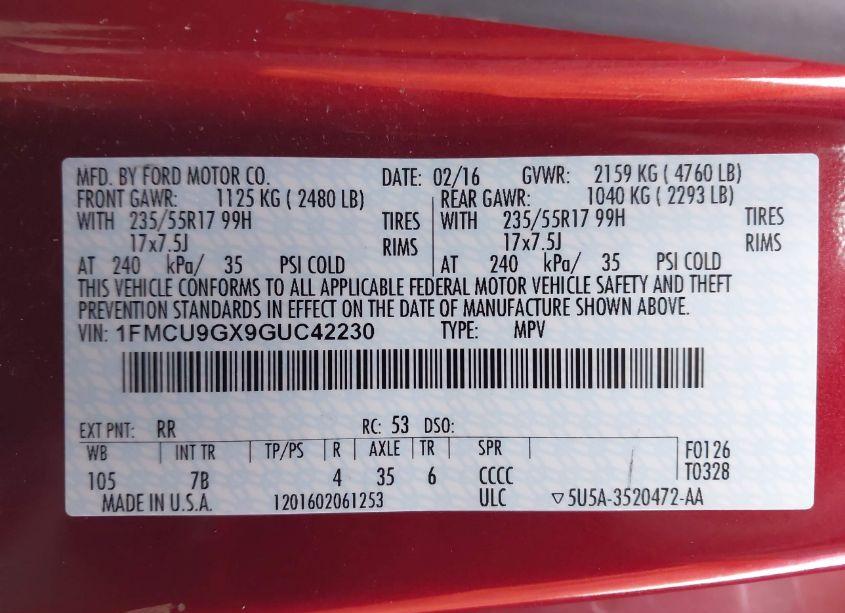 Photo 9 of 2016 Ford Escape SE (VIN 1FMCU9GX9GUC42230)