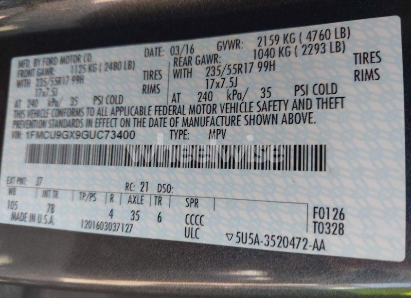 Photo 9 of 2016 Ford Escape SE (VIN 1FMCU9GX9GUC73400)