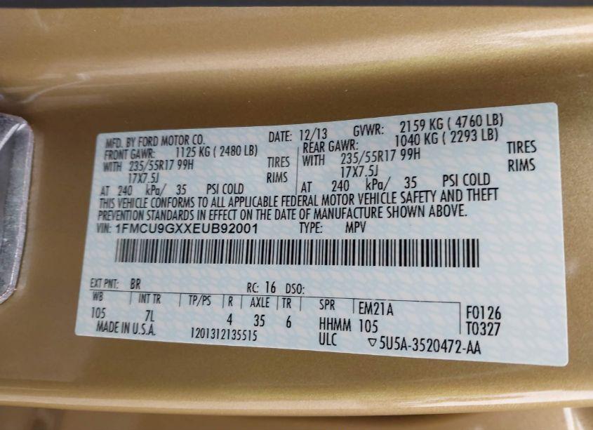 Photo 9 of 2014 Ford Escape SE (VIN 1FMCU9GXXEUB92001)