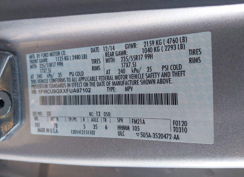 Photo 9 of 2015 Ford Escape SE (VIN 1FMCU9GXXFUA97102)