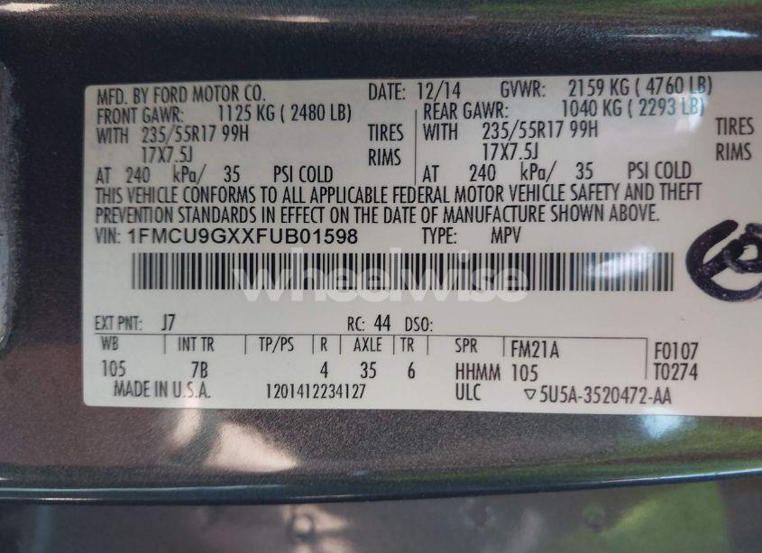 Photo 9 of 2015 Ford Escape SE (VIN 1FMCU9GXXFUB01598)