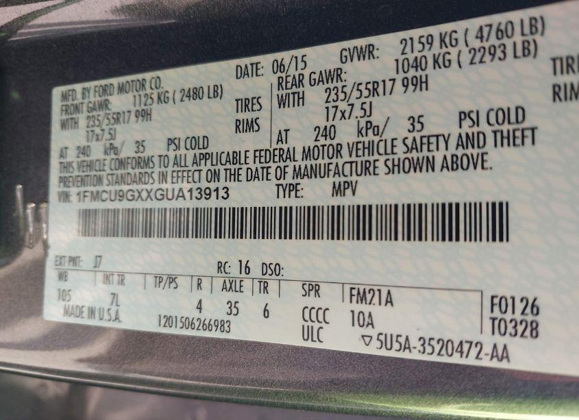 Photo 9 of 2016 Ford Escape SE (VIN 1FMCU9GXXGUA13913)