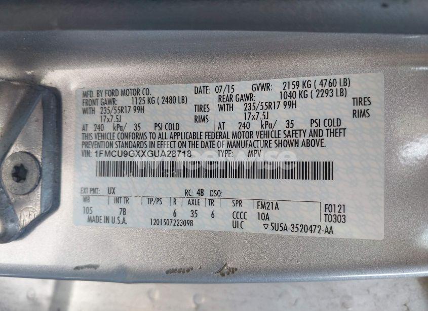 Photo 9 of 2016 Ford Escape SE (VIN 1FMCU9GXXGUA28718)