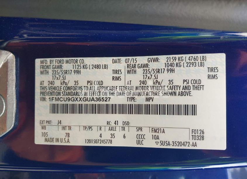 Photo 9 of 2016 Ford Escape SE (VIN 1FMCU9GXXGUA36527)