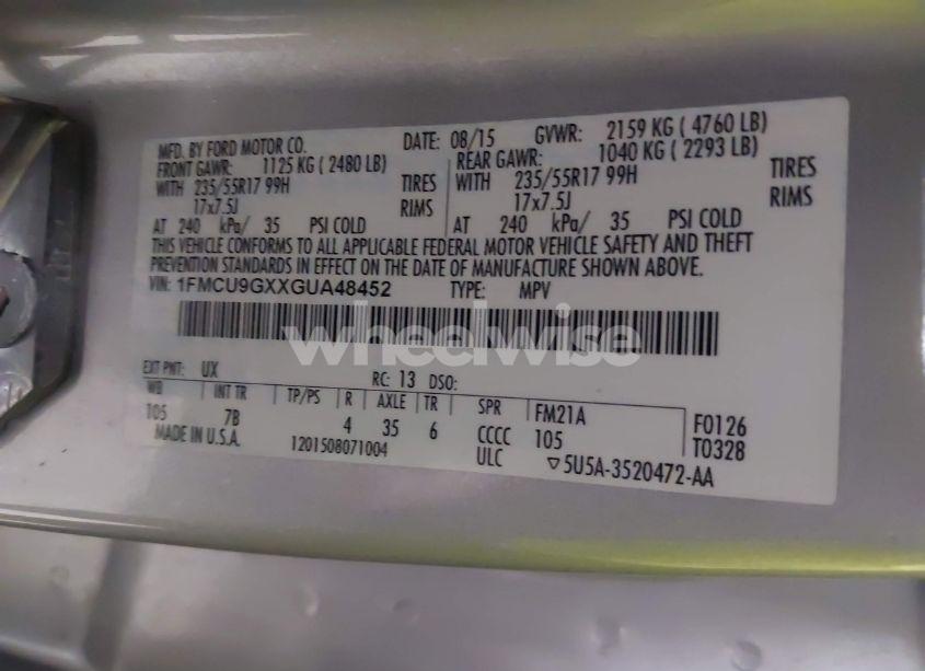 Photo 9 of 2016 Ford Escape SE (VIN 1FMCU9GXXGUA48452)