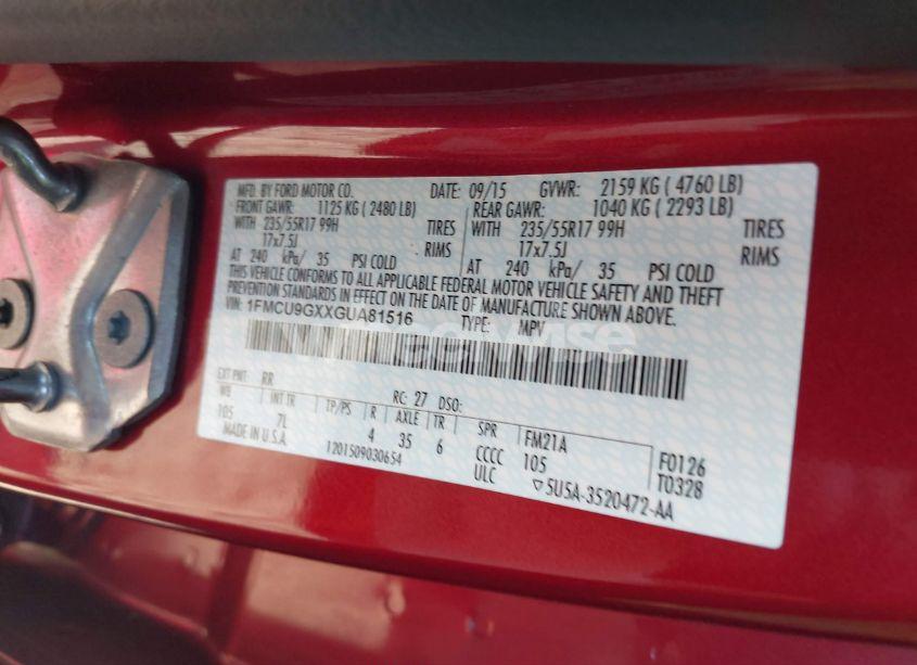 Photo 9 of 2016 Ford Escape SE (VIN 1FMCU9GXXGUA81516)