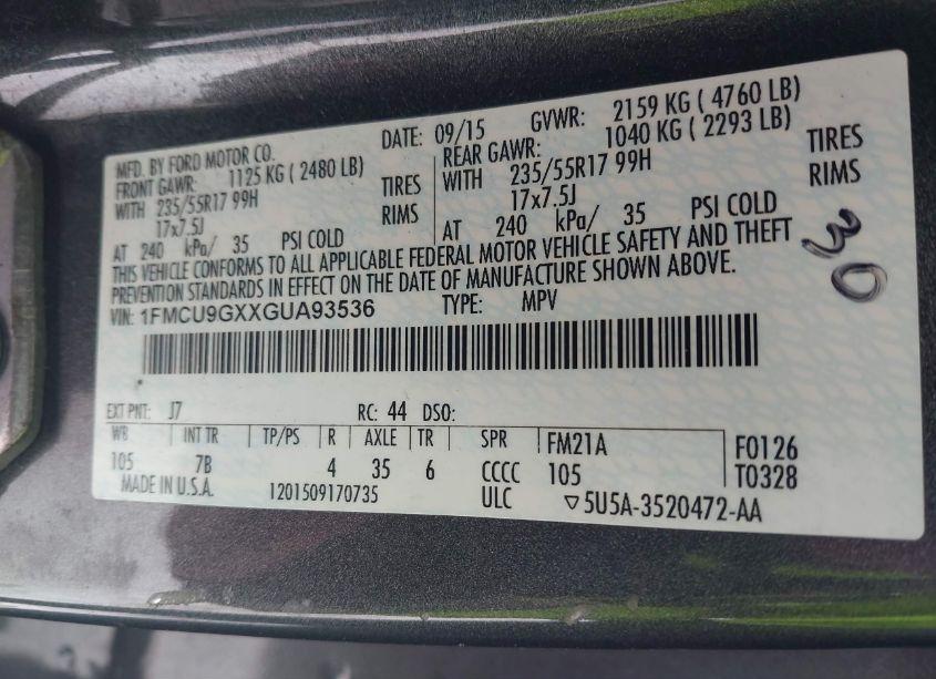 Photo 9 of 2016 Ford Escape SE (VIN 1FMCU9GXXGUA93536)