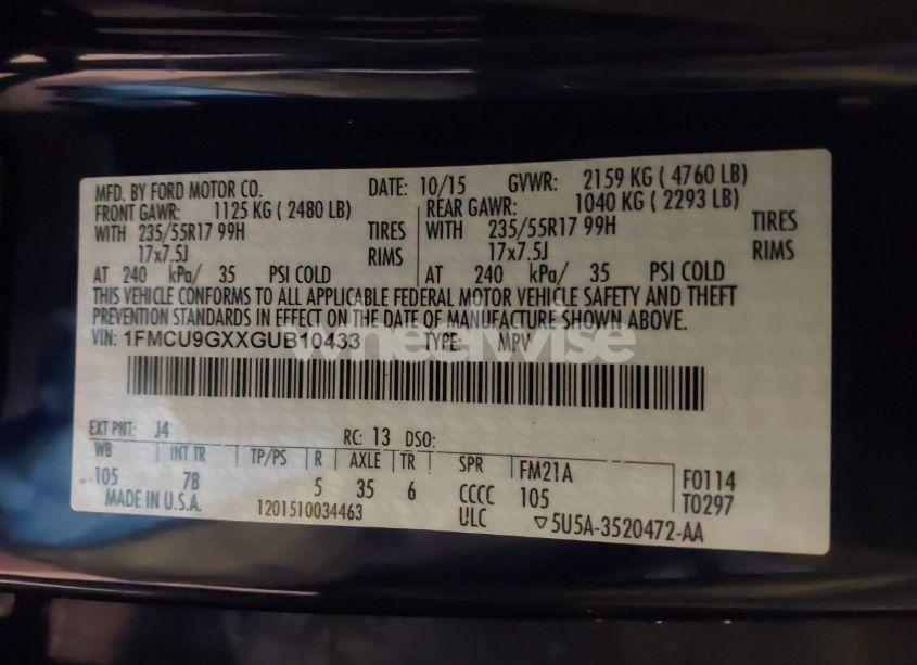 Photo 9 of 2016 Ford Escape SE (VIN 1FMCU9GXXGUB10433)