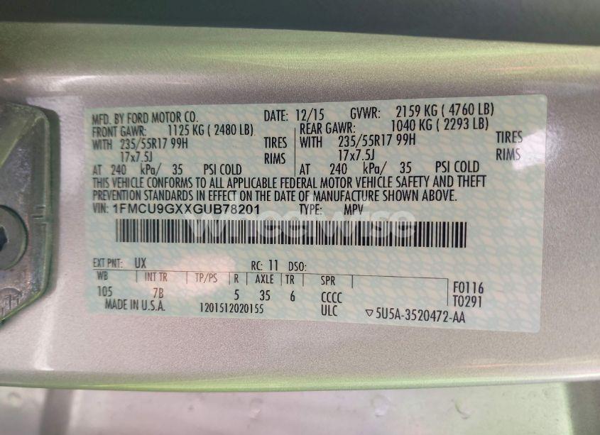 Photo 9 of 2016 Ford Escape SE (VIN 1FMCU9GXXGUB78201)