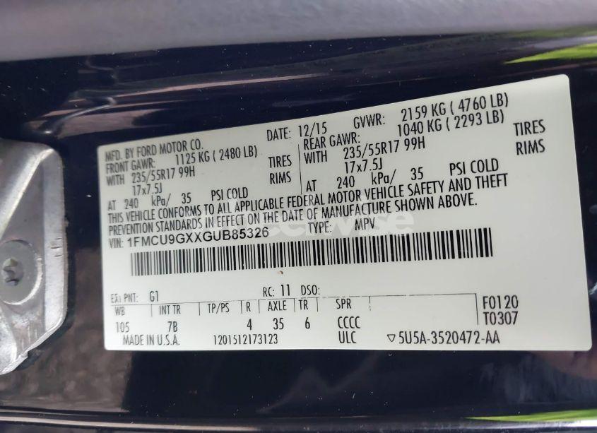 Photo 9 of 2016 Ford Escape SE (VIN 1FMCU9GXXGUB85326)