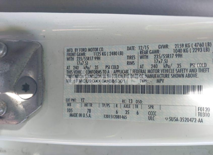 Photo 9 of 2016 Ford Escape SE (VIN 1FMCU9GXXGUB86301)