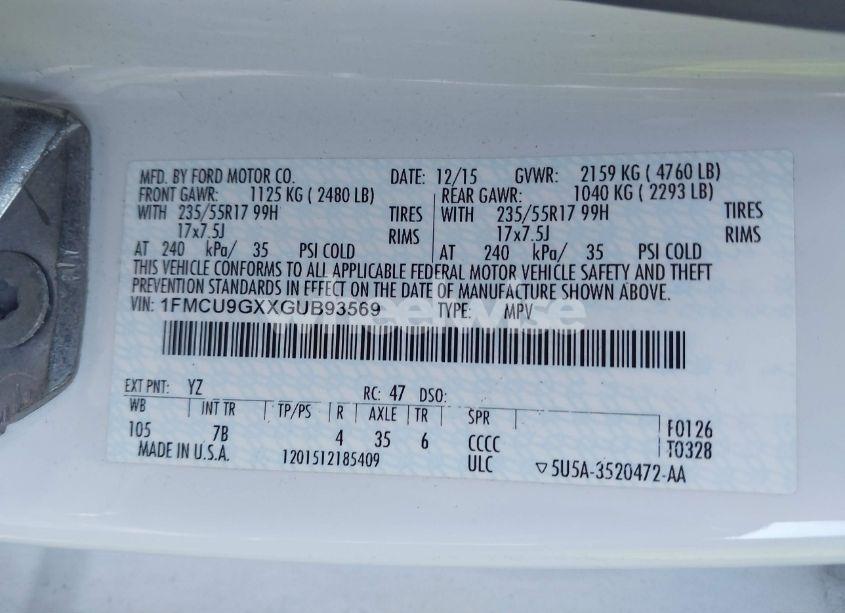 Photo 9 of 2016 Ford Escape SE (VIN 1FMCU9GXXGUB93569)