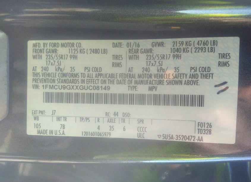 Photo 9 of 2016 Ford Escape SE (VIN 1FMCU9GXXGUC08149)