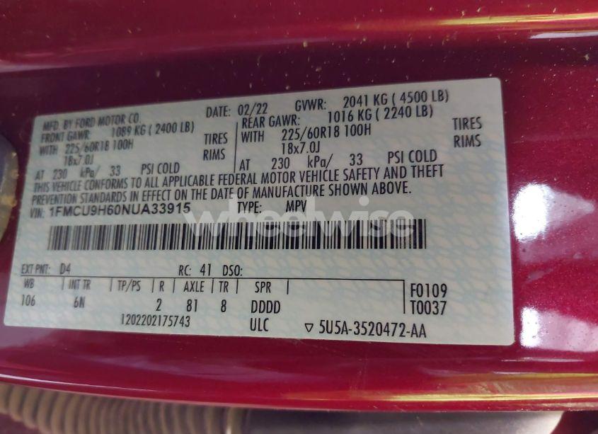 Photo 9 of 2022 Ford Escape SEL (VIN 1FMCU9H60NUA33915)