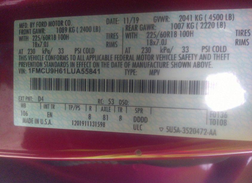 Photo 9 of 2020 Ford Escape SEL (VIN 1FMCU9H61LUA55841)