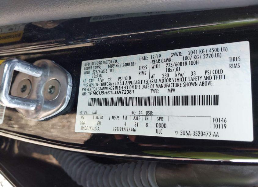 Photo 9 of 2020 Ford Escape SEL (VIN 1FMCU9H61LUA72381)
