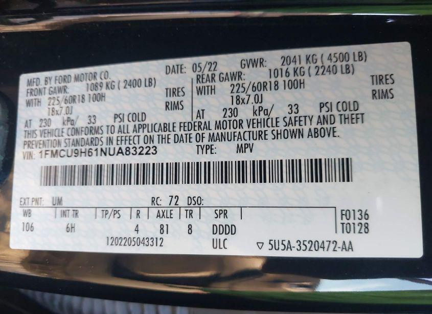 Photo 9 of 2022 Ford Escape SEL (VIN 1FMCU9H61NUA83223)