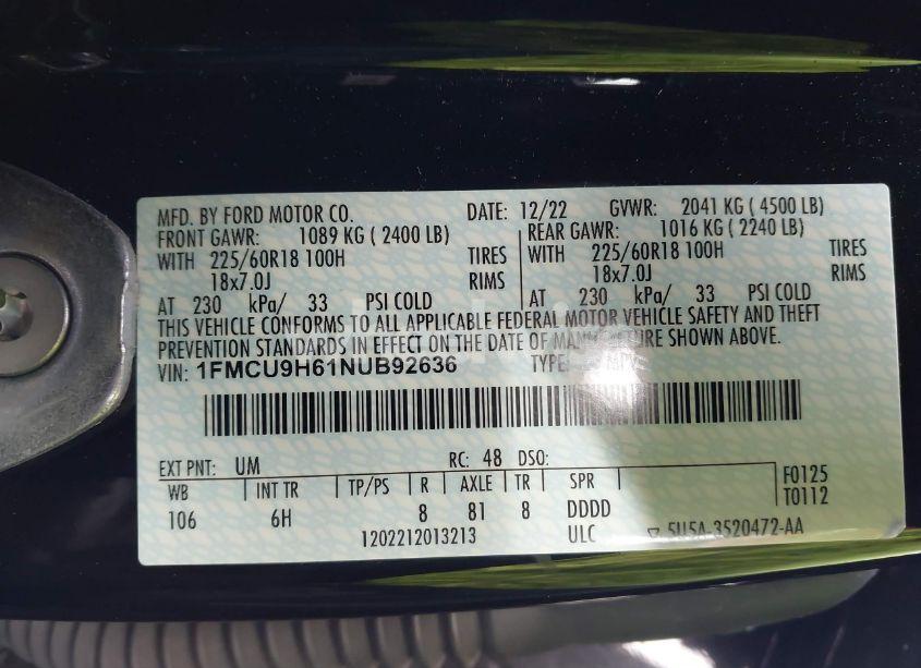 Photo 9 of 2022 Ford Escape SEL (VIN 1FMCU9H61NUB92636)