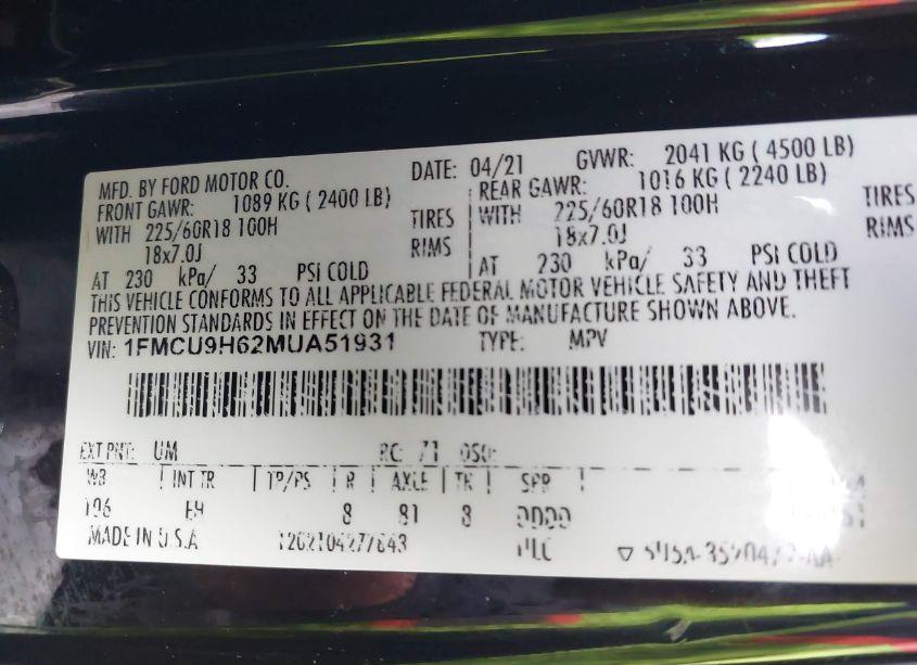 Photo 9 of 2021 Ford Escape SEL (VIN 1FMCU9H62MUA51931)