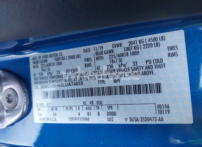 Photo 9 of 2020 Ford Escape SEL (VIN 1FMCU9H63LUA74035)