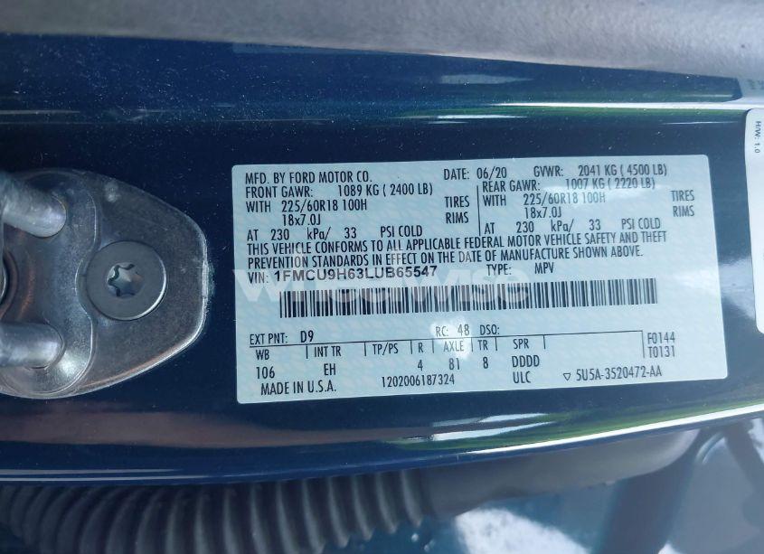 Photo 9 of 2020 Ford Escape SEL (VIN 1FMCU9H63LUB65547)