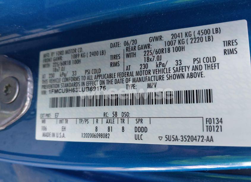 Photo 9 of 2020 Ford Escape SEL (VIN 1FMCU9H63LUB69176)