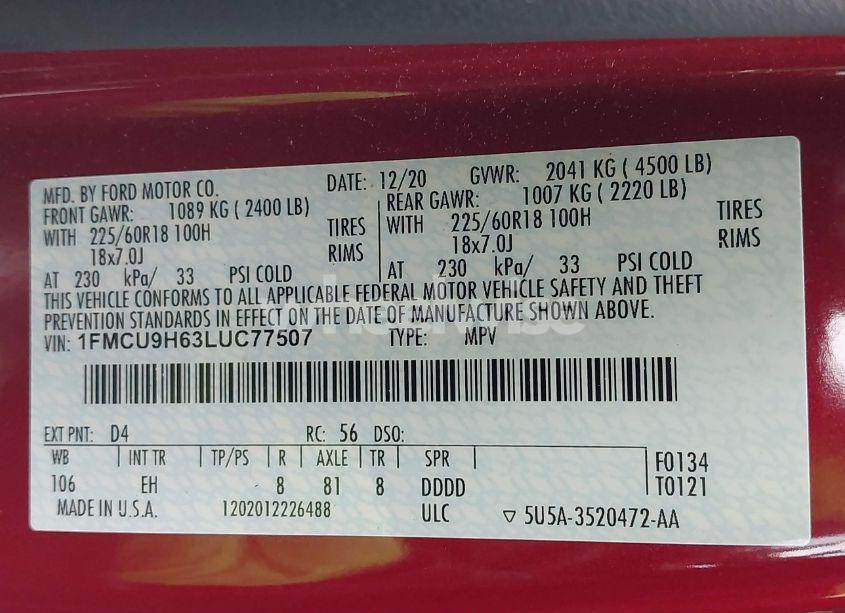 Photo 9 of 2020 Ford Escape SEL (VIN 1FMCU9H63LUC77507)