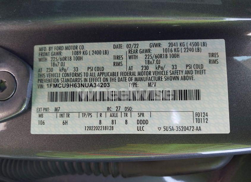 Photo 9 of 2022 Ford Escape SEL (VIN 1FMCU9H63NUA34203)