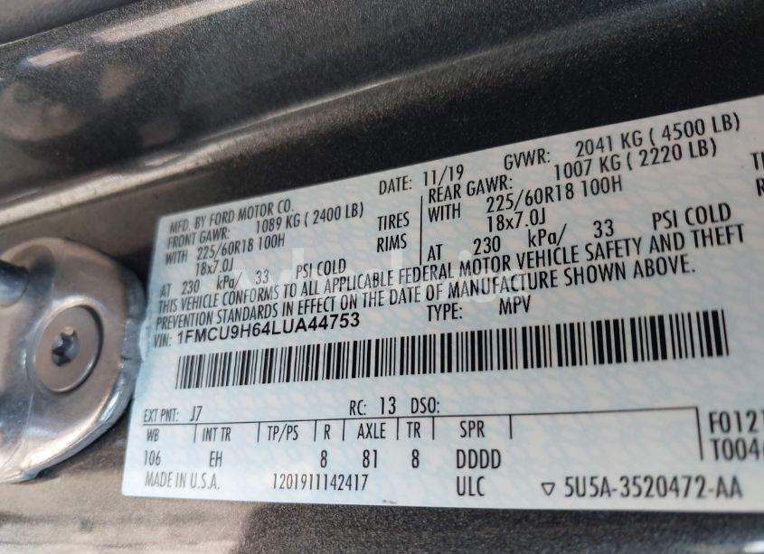 Photo 9 of 2020 Ford Escape SEL (VIN 1FMCU9H64LUA44753)