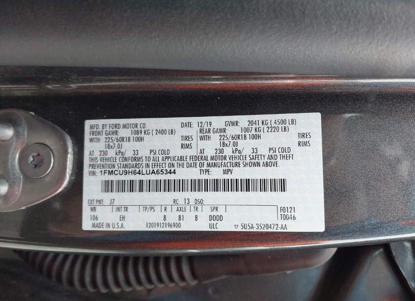 Photo 9 of 2020 Ford Escape SEL (VIN 1FMCU9H64LUA65344)