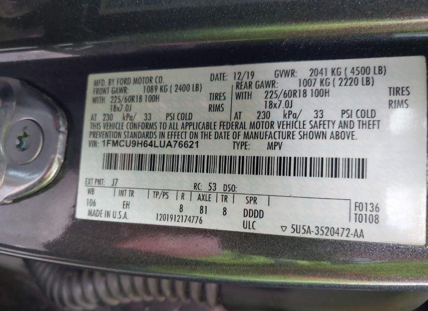 Photo 9 of 2020 Ford Escape SEL (VIN 1FMCU9H64LUA76621)